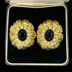 Vintage Kenneth Jay Lane Avon Sunflower Earrings Clip Signed Black Gold KJL